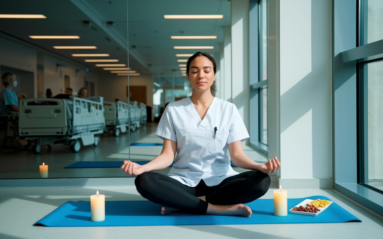 A medical resident sitting cross-legged on a yoga mat in a quiet corner of the hospital, meditating with eyes closed, surrounded by soothing natural light coming through a window. The calm setting contrasts with the busy hospital environment visible in the background. Aromatherapy candles and healthy snacks sit nearby, reinforcing the focus on self-care and mindfulness.