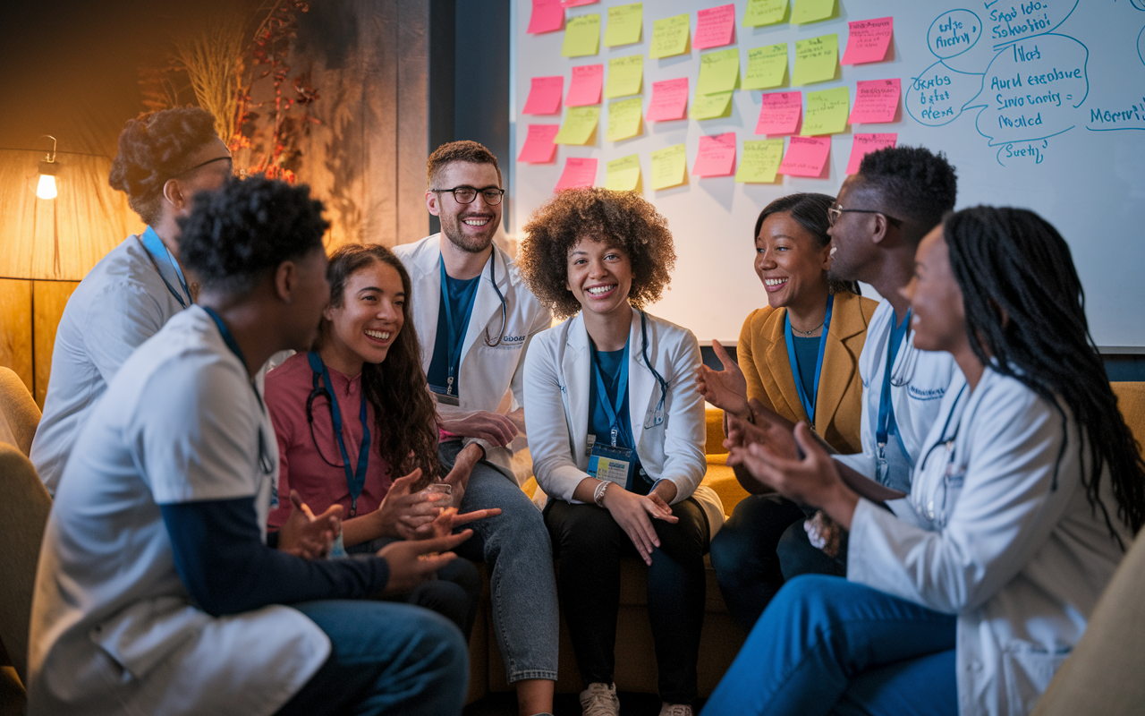 A group of diverse medical residents gathered in a cozy room, engaged in a lively discussion. Laughter and supportive gestures convey camaraderie, while a whiteboard filled with colorful notes reflects shared experiences. Warm lighting enhances the atmosphere of connection and collective purpose.