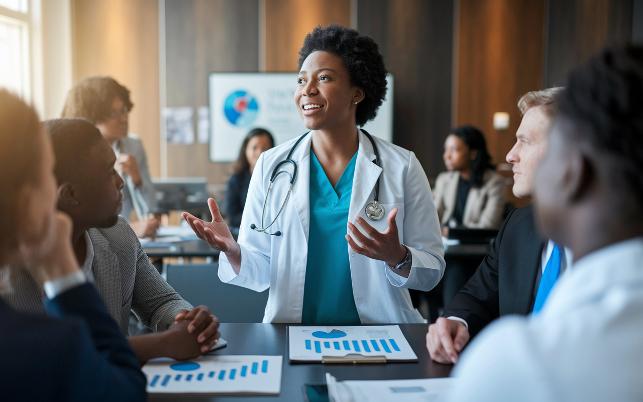 A passionate medical resident addressing a group of faculty and colleagues in a conference room, equipped with charts and solutions for improving work-life integration. Determination shines in their eyes amid warm lighting and an attentive audience, showcasing a setting of collaborative advocacy.