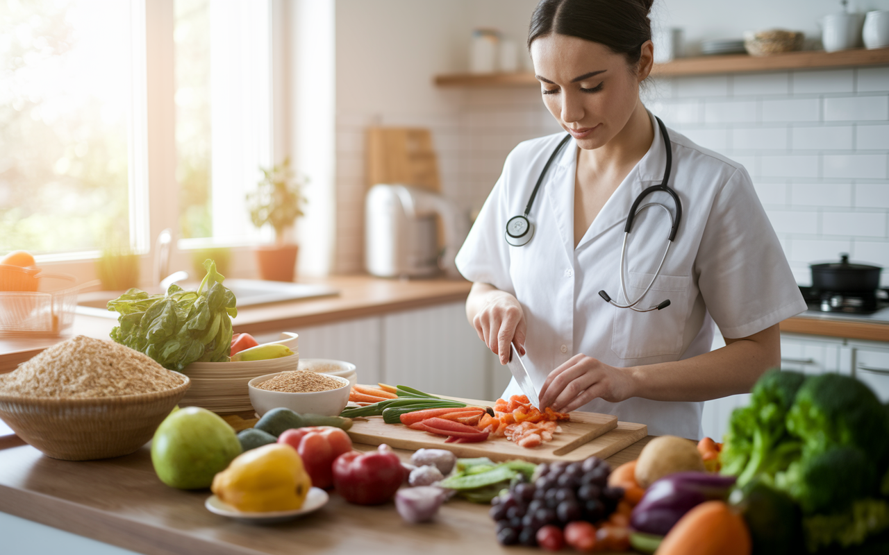 A vibrant kitchen scene where a medical resident prepares a colorful, nutritious meal. The counter is filled with whole grains, fruits, vegetables, and lean protein sources. Soft natural lighting streams in through a window, creating a warm, inviting atmosphere. The resident is focused on chopping vegetables, with a look of determination and focus.