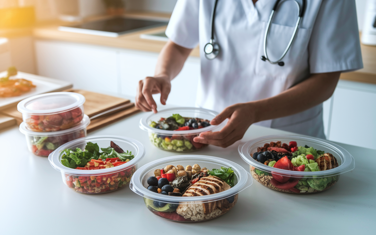 A serene kitchen scene with a medical resident carefully portioning out containers of well-balanced meals for meal prep, including vibrant salads, grilled chicken, and whole grains. Soft, warm lighting creates a peaceful ambience as they focus on the task, highlighting the importance of nutrition planning amid their chaotic schedule.