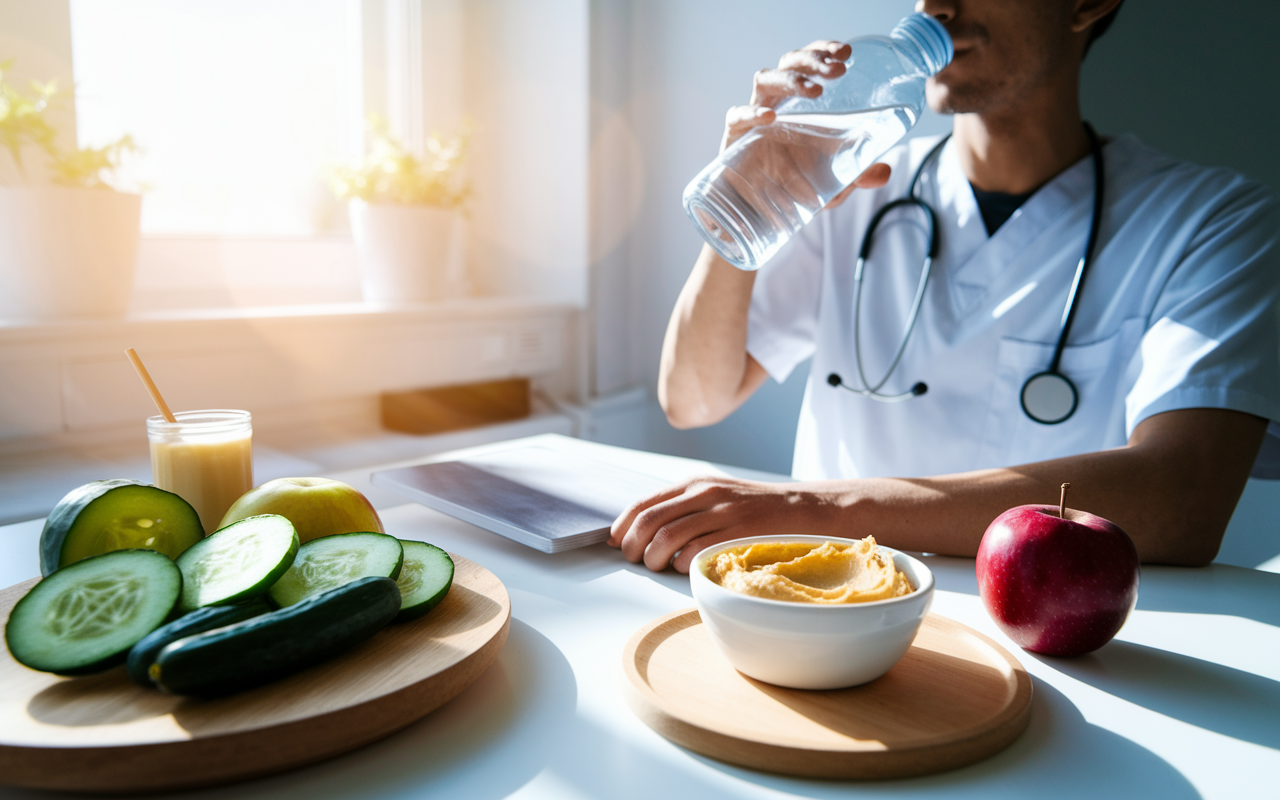 A refreshing scene depicting a medical resident at their desk, sipping water from a reusable bottle surrounded by healthy snacks like sliced cucumbers, apples, and a small bowl of hummus. Bright natural light streams in, giving a sense of refreshment and focus. The ambiance conveys a commitment to staying hydrated and healthy during shifts.