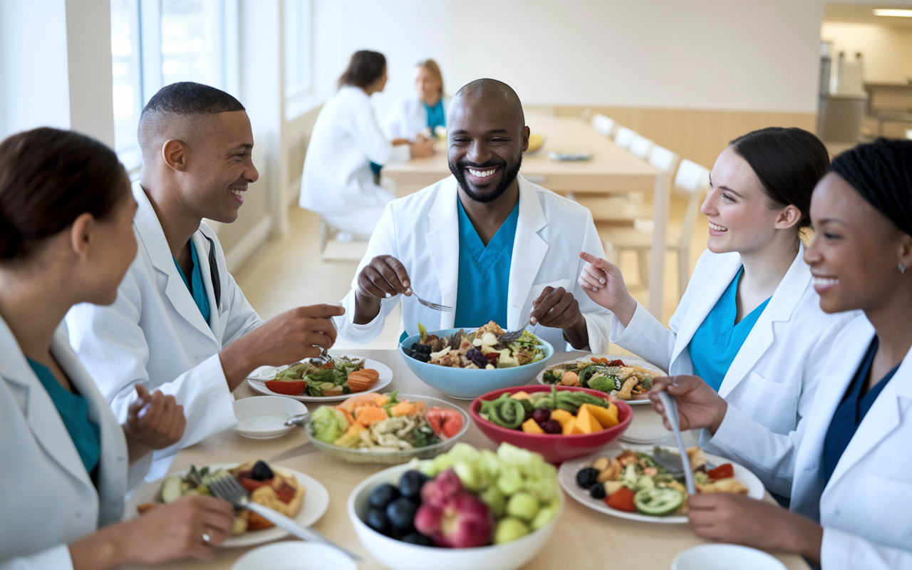 A group of diverse medical residents sharing a healthy meal together in a bright, cheerful cafeteria, smiling and laughing, showcasing camaraderie and wellness. The table is filled with an array of nutritious foods, including salads, fruits, and whole grains, promoting the idea of healthy eating during residency.