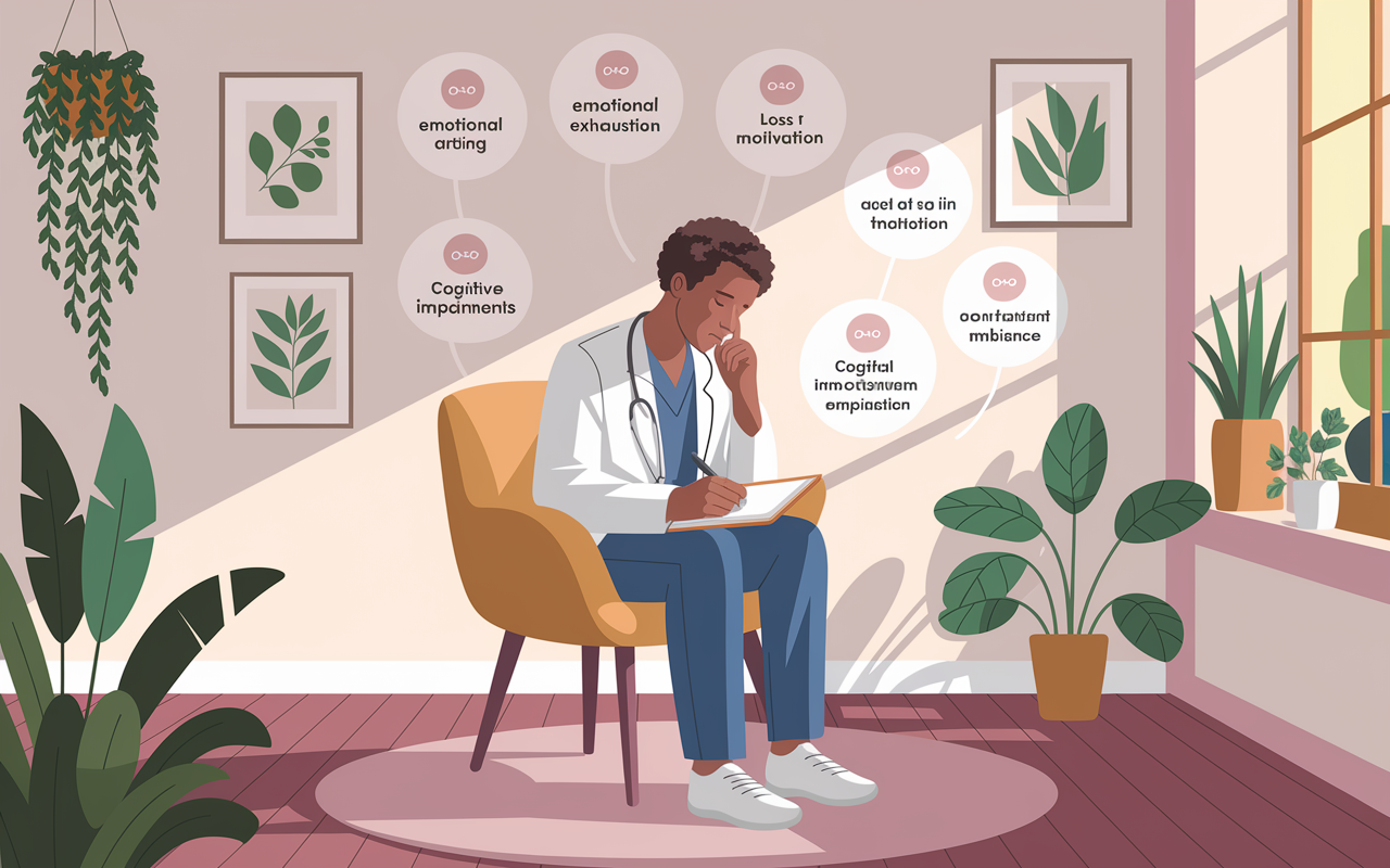 An illustration of a medical resident sitting in a bright, inviting therapy office, engaging in self-reflection with a journal and a pen. The wall is adorned with calming art and plants, creating a serene atmosphere. The resident appears contemplative, surrounded by visual representations of burnout symptoms like emotional exhaustion, loss of motivation, and cognitive impairments floating gently around them. Digital painting style with soft colors and a warm ambiance.