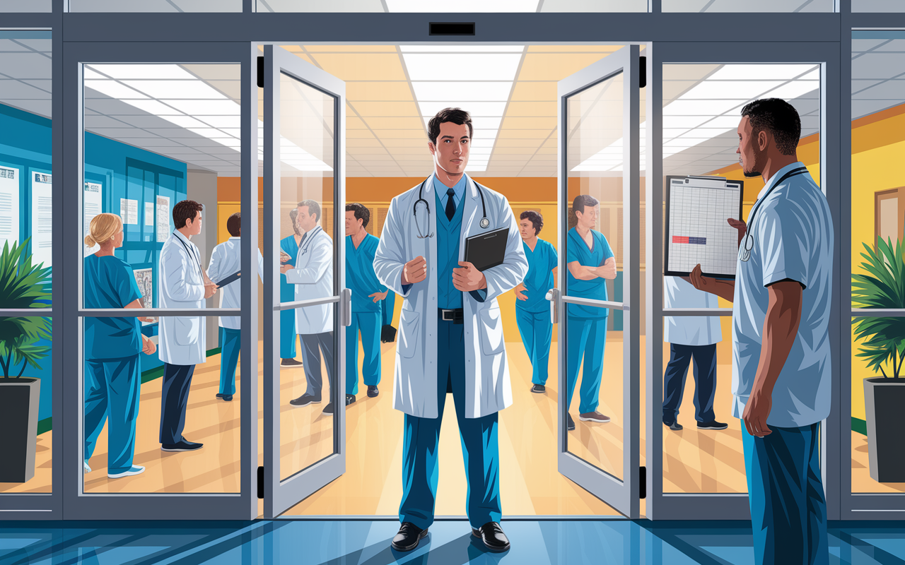 A medical resident standing firmly at a hospital entrance, communicating assertively with a supervisor, while holding a clipboard and calendar. The setting is bustling with healthcare professionals and patients, but the resident exudes confidence and clarity. Bright, professional setting with an optimistic tone, capturing the importance of boundary-setting in a demanding environment. Digital painting style focusing on empowerment and communication.