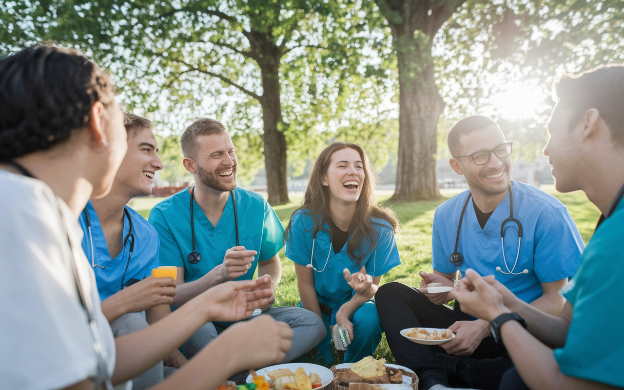 A group of medical residents laughing and chatting at a relaxed, outdoor picnic setting under trees. They are sharing food, enjoying games, and forming connections that transcend their work lives. The sunlight filters through the leaves, casting a warm, welcoming glow on their faces, depicting camaraderie and support within the challenging residency program. Vibrant colors and a joyful atmosphere evoke feelings of community and friendship.