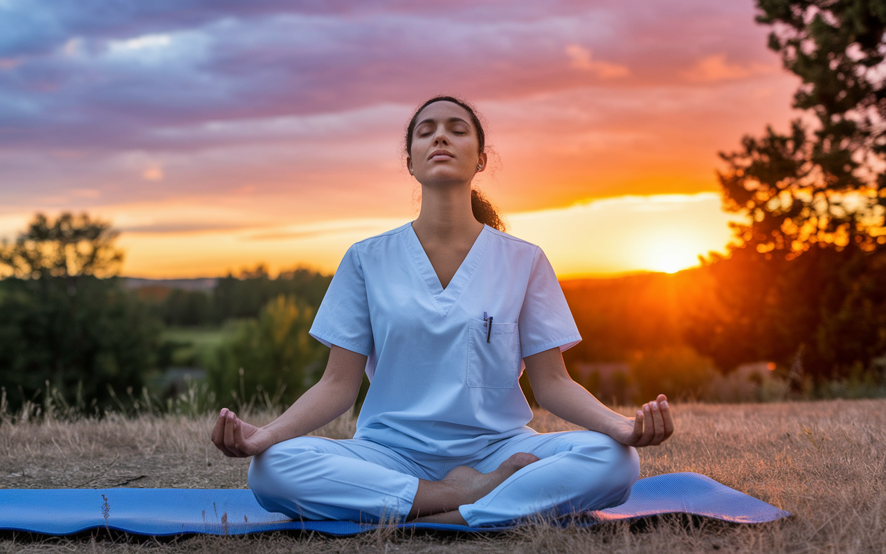 A serene scene of a medical resident practicing yoga outdoors during a sunset, surrounded by nature. The resident is in a meditative pose, exuding tranquility and a sense of relaxation. The sky is painted with warm orange and purple hues, symbolizing peace and rejuvenation. This scene emphasizes the importance of mindfulness and self-care amidst a busy medical career. Artistic style with an emphasis on harmony and inner peace.