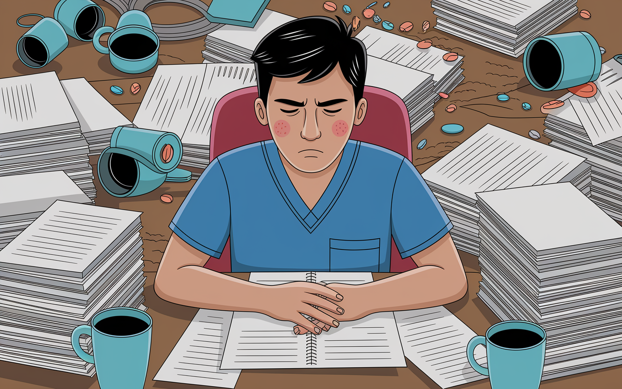 An illustration depicting symptoms of burnout: a burnt-out resident sitting at their desk, surrounded by stacks of papers and medical equipment. The resident looks fatigued and frustrated, with visual indicators like dark circles under the eyes. The surroundings reflect chaos—overturned coffee mugs and medical charts scattered everywhere, emphasizing the struggle and stress of residency.