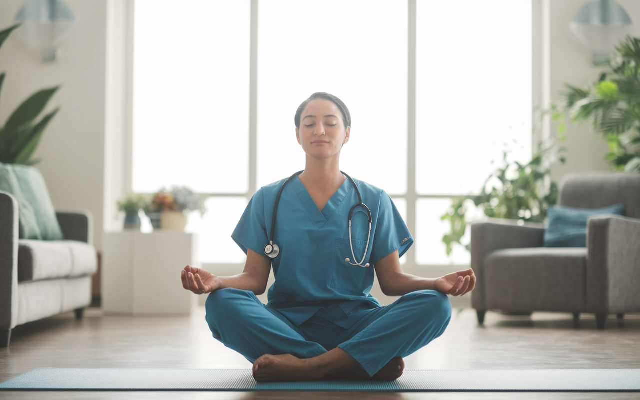 A serene scene of a medical resident practicing mindfulness in a tranquil hospital meditation room. The resident is sitting cross-legged on a yoga mat, surrounded by soft light and calming decor. They are focusing on their breath with a peaceful expression, symbolizing the importance of mental health and self-care amidst the busy environment of residency.