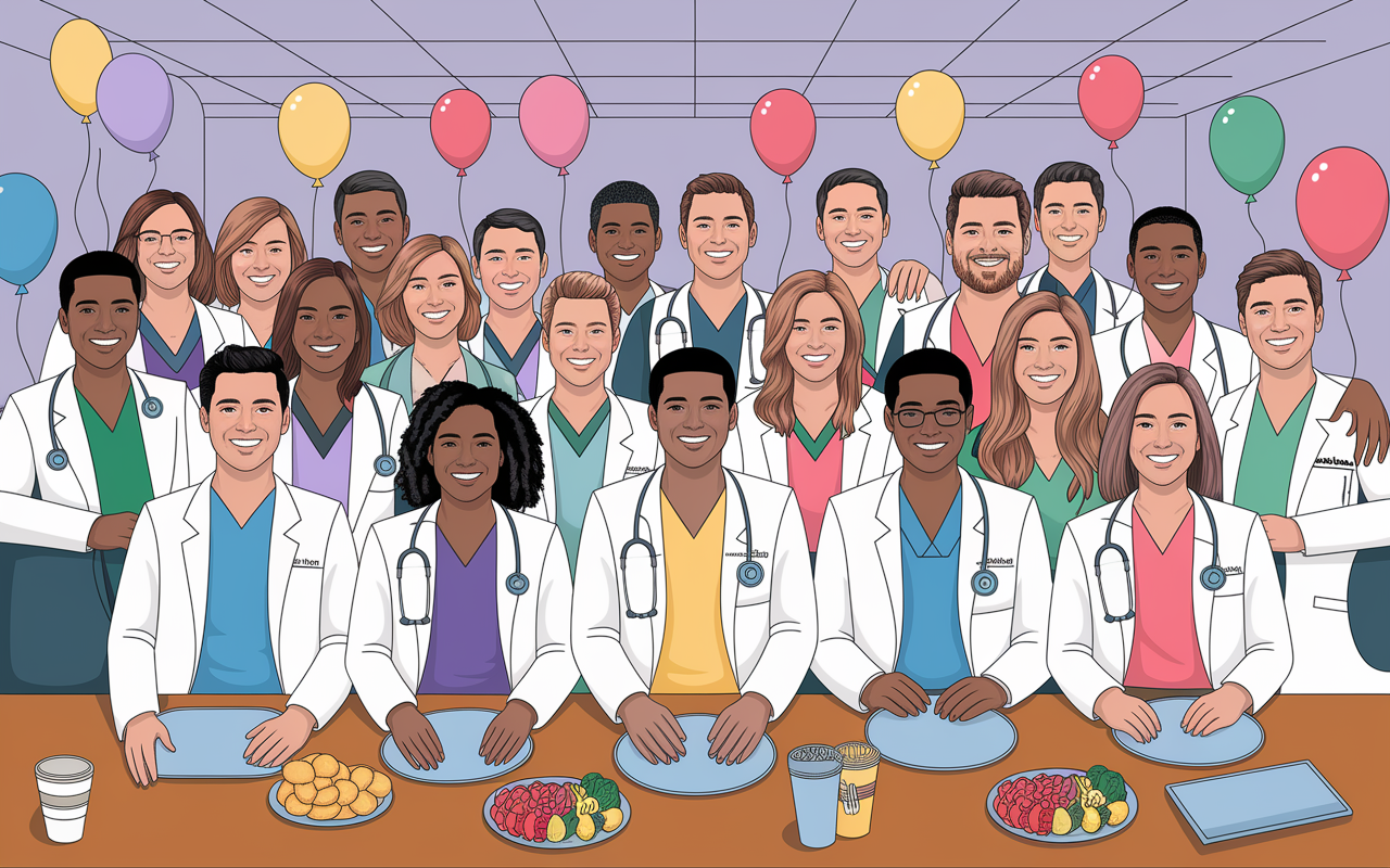 A vibrant illustration of a diverse group of medical residents celebrating together in a hospital conference room, smiling and sharing their successes. The atmosphere is one of camaraderie and support, with balloons and snacks, capturing the essence of forging strong support networks and enjoying the achievements of their hard work.