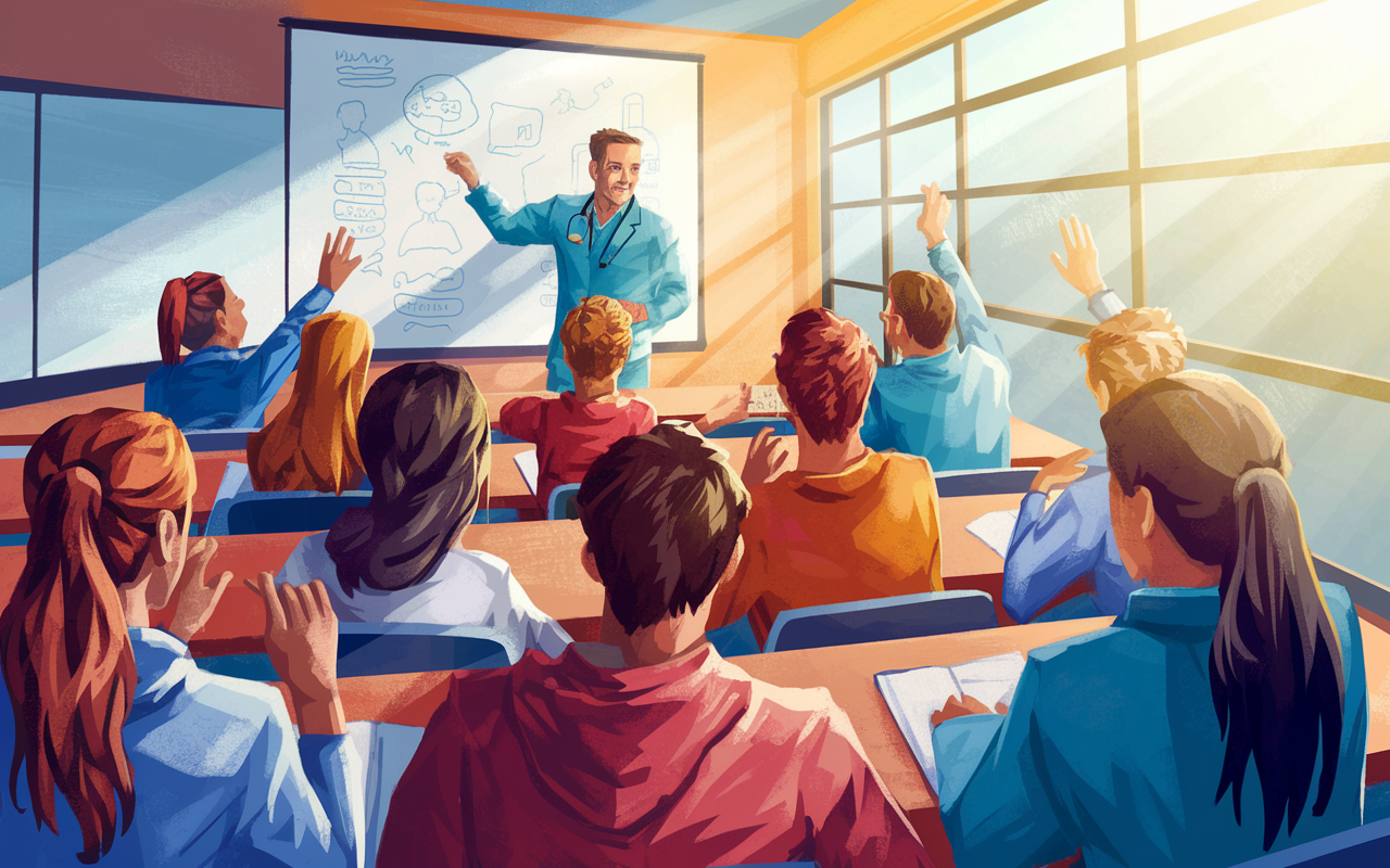 A vibrant, engaging classroom environment filled with diverse students attentively participating in a science lecture. The instructor, an experienced surgeon, is animatedly discussing medical concepts on a whiteboard. Students are taking notes and raising their hands in a relaxed yet focused atmosphere. Sunlight streams through large windows, enhancing the learning experience with a sense of hope and ambition, depicted in a dynamic digital painting style.