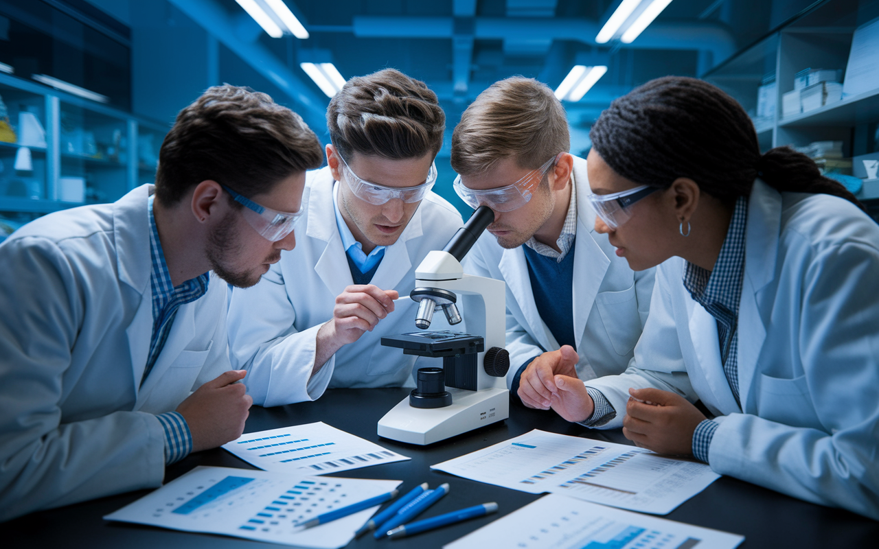 A focused group of graduate students in a university lab, intensely discussing research findings while gathered around an advanced microscope. Lab equipment, charts, and reference books are spread out, showcasing an environment rich in inquiry and learning. The setting is illuminated by bright laboratory lights, and the expressions on the students’ faces reflect curiosity and passion for medicine, executed in a realistic style.