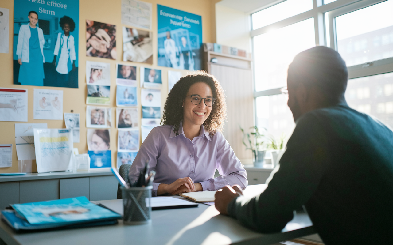 An academic advisor sitting across the table from a prospective student, engaged in a supportive conversation. The office is filled with medical imagery, educational posters, and resources open for discussion. Soft afternoon light filters through the window, creating an inviting and open environment that emphasizes guidance and support, captured in a warm and inviting color palette.