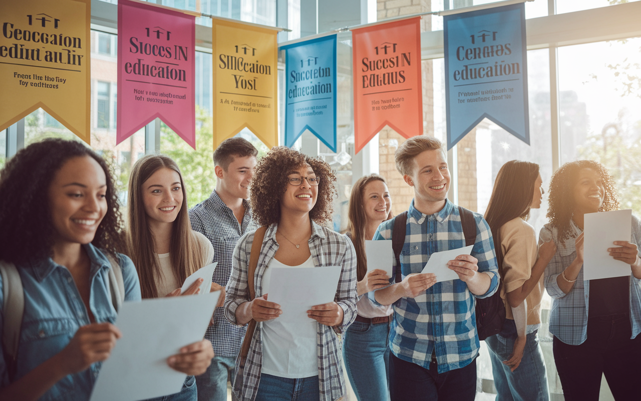 A welcoming university admissions office scene, where a diverse group of students eagerly gather to receive acceptance letters. The ambiance is filled with excitement and nervous anticipation, captured through soft, bright lighting spilling from large windows. The office is adorned with motivational posters and colorful banners illustrating success in education, portrayed in a photorealistic manner.