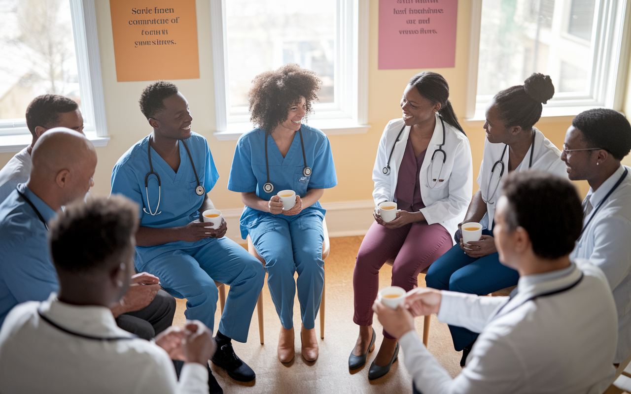 A warm, inviting room filled with a group of diverse medical residents sitting in a supportive circle. They are sharing their experiences, showing various emotions from empathy to laughter. The room is well-lit with soft, natural light coming through windows, and there are motivational posters on the wall. Each resident carries a cup of tea or coffee, creating an atmosphere of comfort and camaraderie, emphasizing the importance of peer support in stressful times.