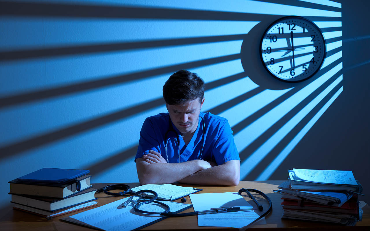 A weary medical resident in blue scrubs staring at a large wall clock that shows late evening hours. The resident's facial expression shows anxiety and fatigue, with a scattered desk filled with charts, medical books, and a stethoscope. The dim, artificial light casts long shadows, creating an atmosphere of overwhelming pressure and exhaustion.