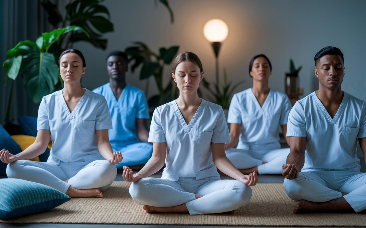 A serene scene of medical residents gathered in a quiet room, practicing mindfulness meditation. Soft, ambient lighting creates a calming atmosphere, with cushions and a few plants around. Each resident has closed their eyes, showcasing expressions of tranquility and focus, highlighting the importance of mental wellness amongst the busy schedules.