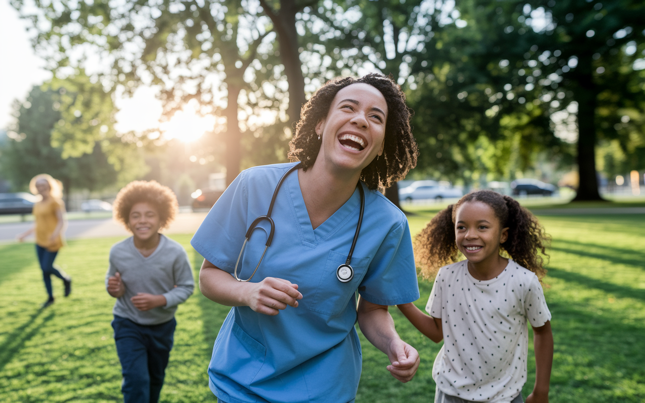 A joyful scene showcasing a medical resident laughing and spending quality time with family at a park. The sun sets in the background, casting a warm glow, with playful children around. The resident's scrubs are exchanged for casual clothing, symbolizing the importance of personal time and bonding outside the high-stress environment of residency.