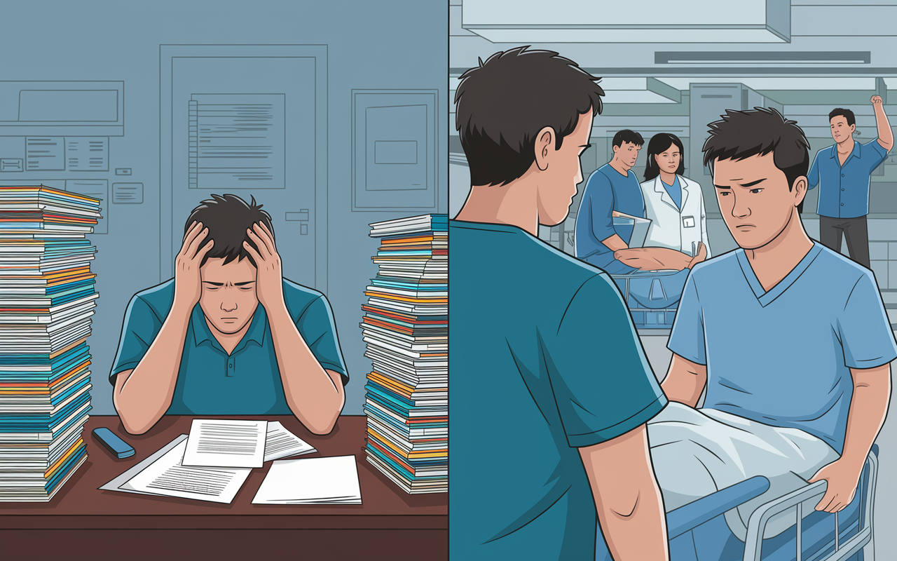 A split-scene illustration depicting burnout in a medical resident. On the left, a resident struggling with emotional exhaustion, surrounded by stacks of charts and papers, head in hands, in a dimly lit office. On the right, the same resident viewing patients with a blank expression, showing signs of depersonalization and irritability. The background features a chaotic hospital setting, conveying overwhelming stress, with visual cues of fatigue and a lack of motivation.