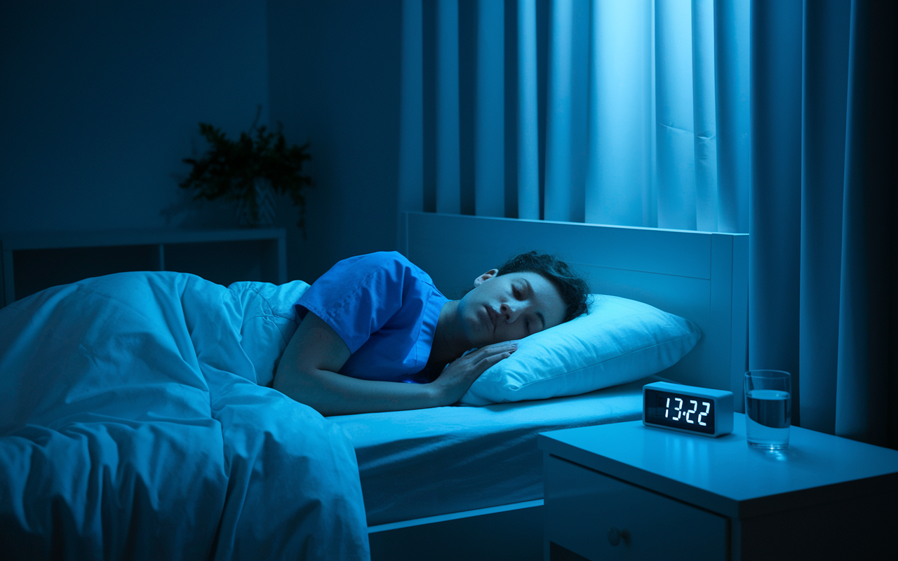 A serene bedroom scene showing a medical resident in blue scrubs sleeping soundly in a dark, quiet room. Soft moonlight filters through the curtains, creating a calm atmosphere. The bedside table has a glass of water and a digital clock showing a reasonable sleep time, emphasizing the importance of quality rest for health and performance.