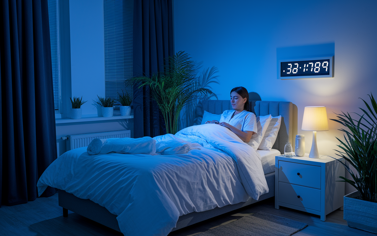 A well-organized bedroom scene showcasing a medical resident preparing for sleep. The room is dimly lit, with blackout curtains drawn, a comfortable bed neatly made, and calming elements such as plants and relaxing colors. A digital clock shows a consistent bedtime, emphasizing the importance of a sleep routine.