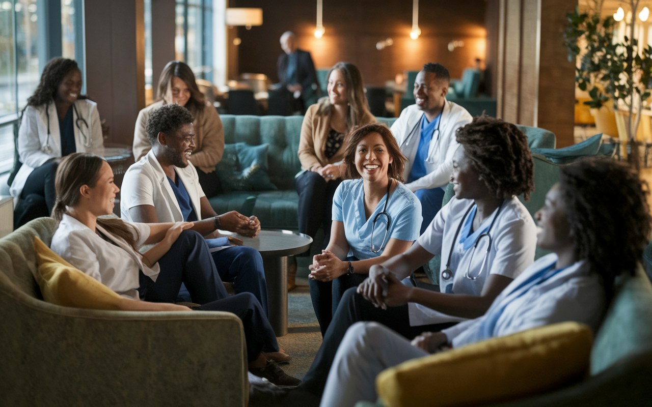 A group of medical residents gathered in a cozy break room, sharing laughs and experiences. The atmosphere is warm and inviting, with soft lighting and comfortable seating. Some residents are engaged in deep, supportive conversations, showcasing camaraderie and emotional support within their profession.