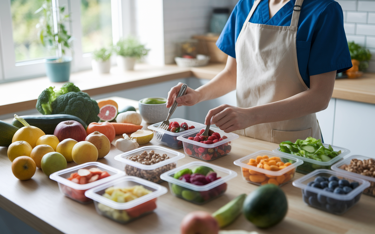 A bright and well-lit kitchen with a young medical resident preparing nutritious meals for the week. The counter is filled with colorful, fresh ingredients like vegetables, fruits, and whole grains. Meal containers are organized neatly, showcasing portion control and variety. The resident wears an apron over their scrubs, reflecting their dual commitment to health and medicine. Soft, natural lighting filters through the window, highlighting the vibrant colors of the food, creating an atmosphere of positivity and proactive health management.