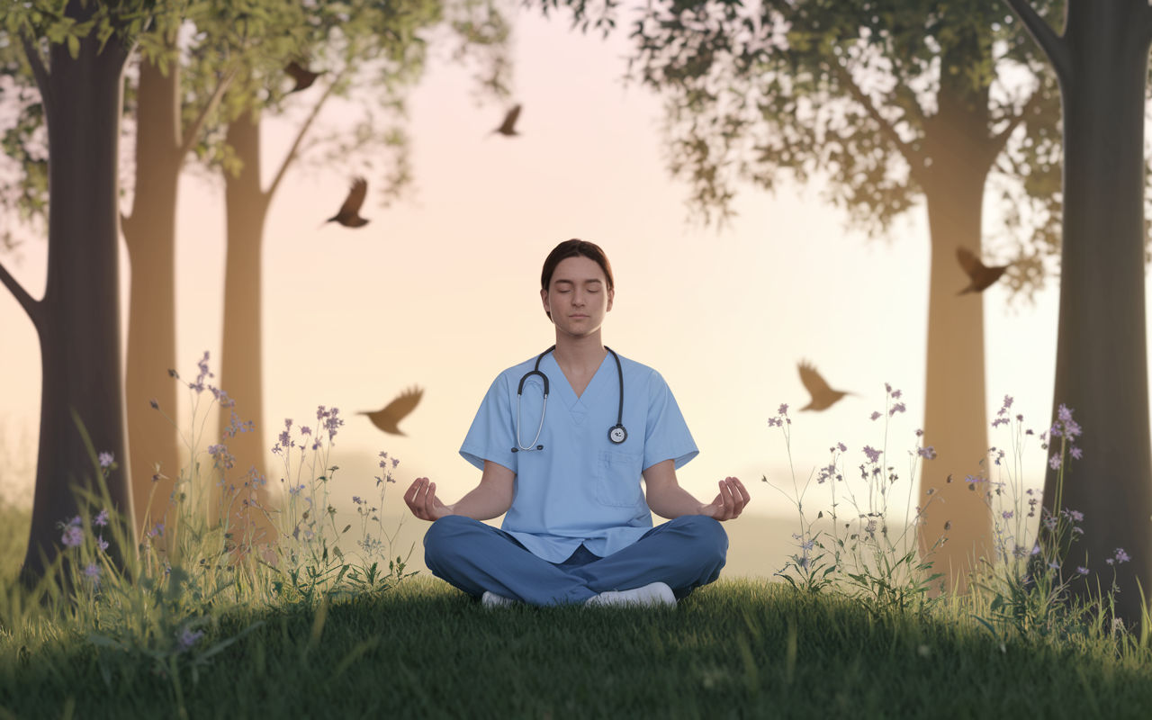 A serene scene depicting a medical resident practicing mindfulness in a peaceful outdoor setting. The resident sits cross-legged on a grassy knoll, eyes closed in meditation, framed by tall trees and the gentle glow of the setting sun. Birds are subtly flying in the background and wildflowers bloom around them, representing tranquility and reconnection with nature. The atmosphere is calm, filled with soft sunlight filtering through leaves, embodying relaxation and reflection in a busy life.