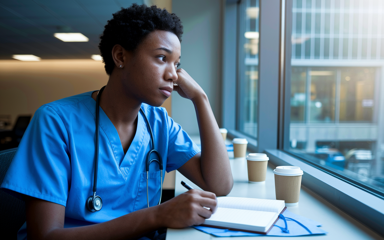 A close-up of a young medical resident, depicted in blue scrubs, sitting alone in a quiet hospital break room with a contemplative expression on their face. They are holding a reflective journal, pausing thoughtfully as they look out the window, which shows a busy hospital environment outside. The soft, natural light coming in creates a calm atmosphere, emphasizing the internal struggle of balancing emotional well-being with the rigors of residency. The background includes scattered medical notes and crumpled coffee cups, signifying the mix of stress and dedication.