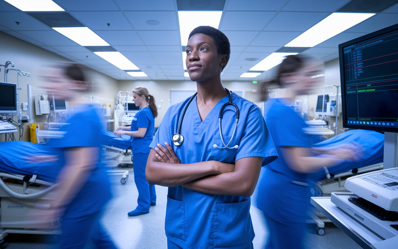 An emergency room scene showing a confident medical resident, wearing scrubs and a stethoscope, calmly interacting with a team. The background is filled with medical equipment and nurses in motion, highlighting the urgency of the situation. The resident stands back, taking a deep breath as they assess patient information on a monitor, embodying composure amidst chaos. The lighting is bright yet somewhat dramatic, emphasizing the intensity of the moment while showcasing the importance of emotional regulation in high-pressure medical settings.