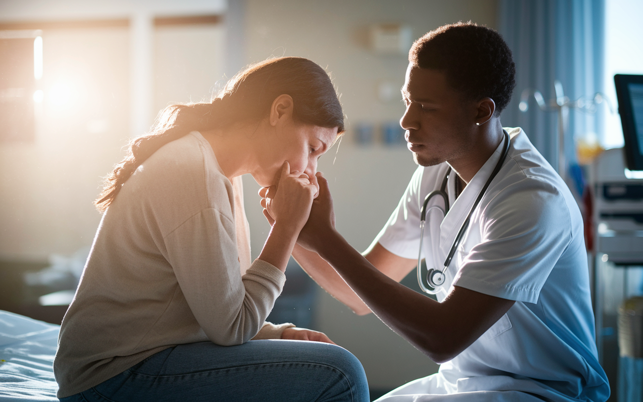 A heartwarming scene in a hospital room where a compassionate medical resident is kneeling beside a distressed patient, actively listening and providing comfort. The patient is visibly emotional, while the resident shows a gentle, understanding expression. Soft sunlight filters through the window, creating a warm and reassuring atmosphere, enhancing the feeling of connection and support. Medical equipment is subtly included in the background to convey the clinical context while focusing on the human interaction at the center.