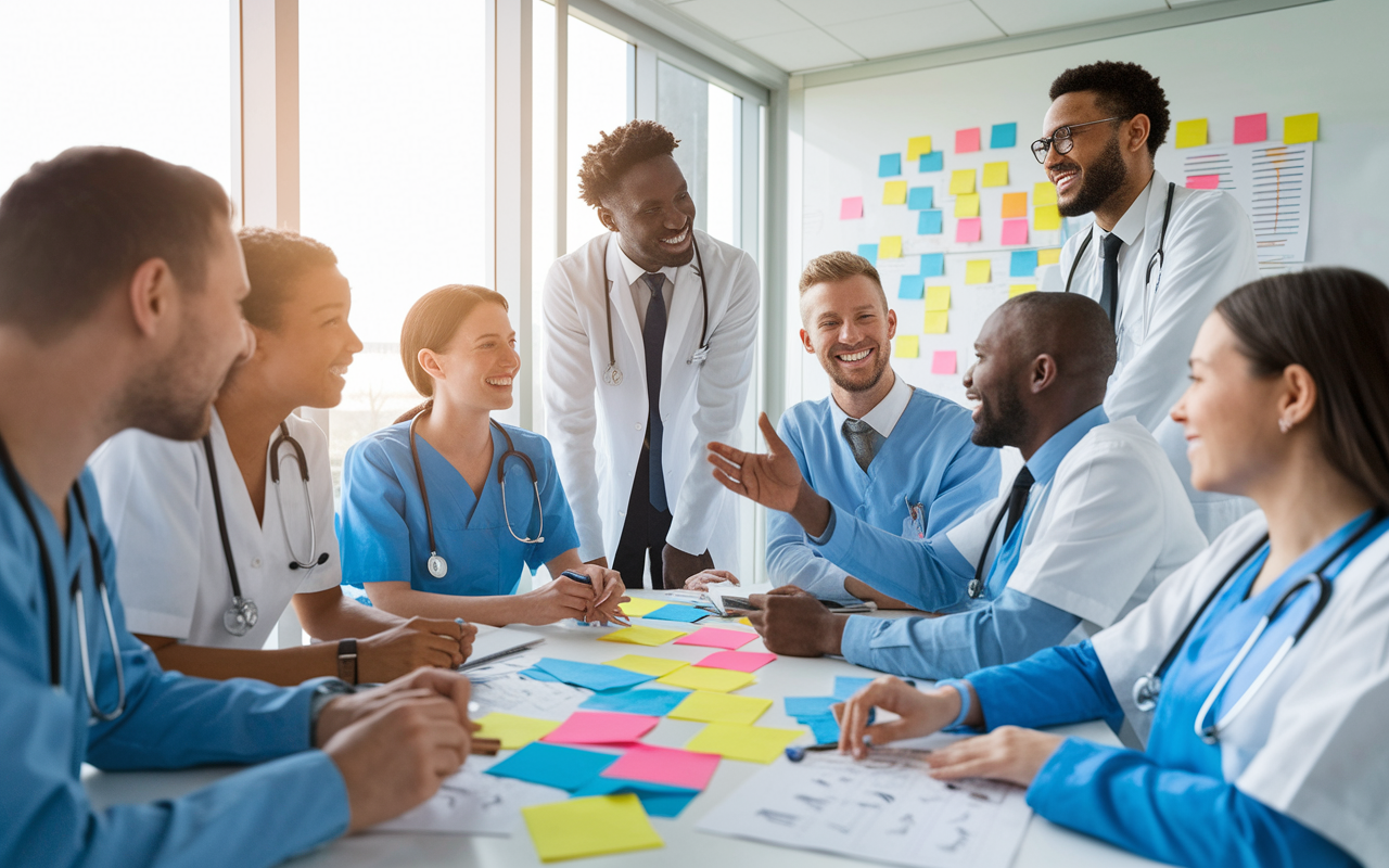 A group of medical residents engaged in a team-building exercise in a bright, cheerful conference room filled with natural light. They are laughing, brainstorming, and collaborating over medical scenarios, showcasing strong connections and camaraderie. The atmosphere is lively and supportive, reflecting a positive team dynamic, with colorful post-it notes, charts, and a whiteboard filled with ideas. This scene embodies the social skills and relationships important in combating residency burnout.