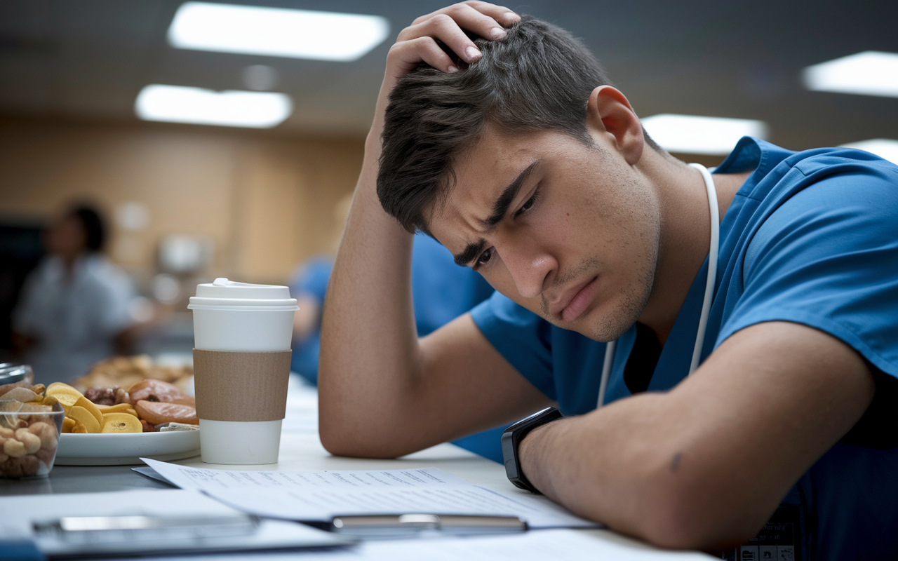 A close-up of a young male resident in scrubs looking exhausted in a hospital break room, with a coffee cup in hand, slouched over a table cluttered with snacks and paperwork. His expression is one of fatigue and concern, showcasing the heavy emotional toll of residency. Soft, overhead lighting creates a somber yet realistic atmosphere, highlighting the exhaustion felt by many residents.