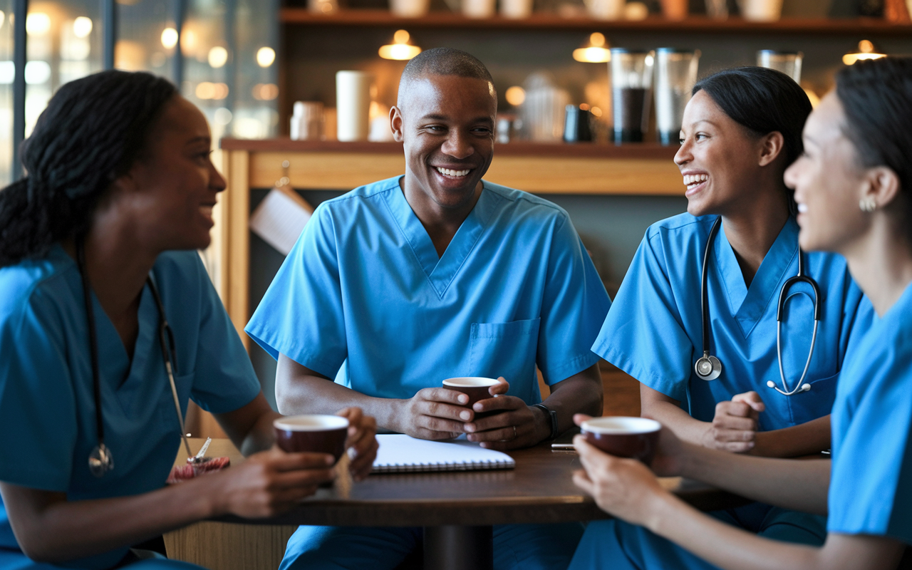 A diverse group of medical residents, all in scrubs, sitting in a cozy coffee shop, engaged in conversation and laughter. The warm, inviting lighting reflects a supportive atmosphere, showcasing the camaraderie and friendships forming outside the hospital environment. The background features coffee mugs, notepads, and laptops, emphasizing a casual yet productive social interaction.