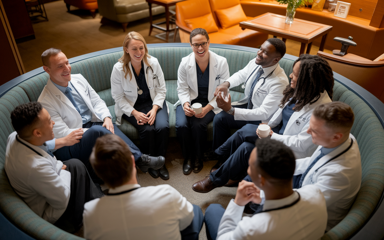 A small group of medical residents, sitting in a circle in a cozy corner of a hospital lounge, sharing stories and laughter. The room is warmly lit, with comfortable seating and a display of their medical books and coffee cups. Focus on their expressions of relief and camaraderie, emphasizing the bond that forms through shared experiences in the pressure-filled environment of residency.