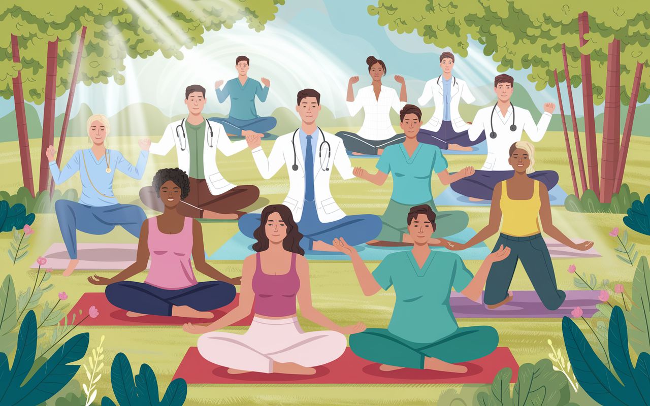 An artistic representation of a diverse group of medical residents engaged in self-care activities, such as yoga, mindfulness meditation, and exercising together. The scene is bright and uplifting, set in a tranquil environment like a park or a wellness retreat. The sunlight streams through trees, highlighting the sense of community and the positive impact of self-care in preventing burnout.