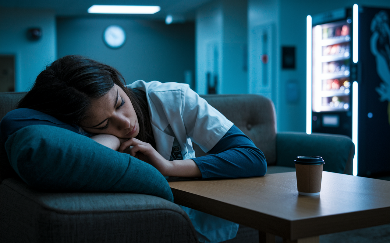 A young medical resident with dark circles under their eyes collapses onto a hospital sofa in weary resignation. The setting is a break room with a clock showing late hours and an empty coffee cup beside them. Dim lighting creates a moody atmosphere, highlighting their fatigue while a soft glow from a nearby vending machine brings a hint of life into the scene. The image evokes emotions of exhaustion and the relentless demands of residency.