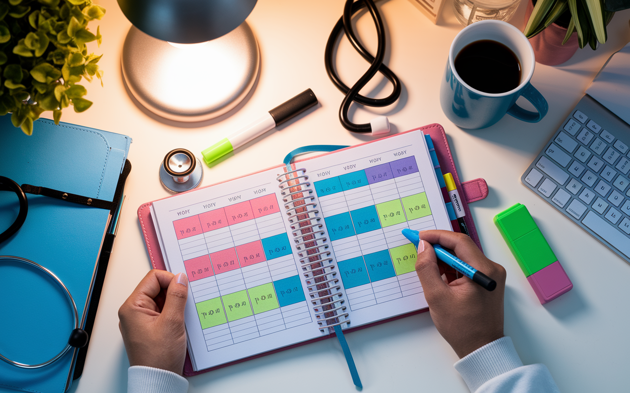 An overhead view of a meticulously organized planner open on a stylish desk, filled with color-coded time blocks for work, study, and personal activities. A coffee mug, a stethoscope, and highlighters are scattered around, creating a vibrant atmosphere of productivity. The warm lighting from a desk lamp highlights the planner's contents, embodying a sense of control and structure in the busy life of a medical resident.