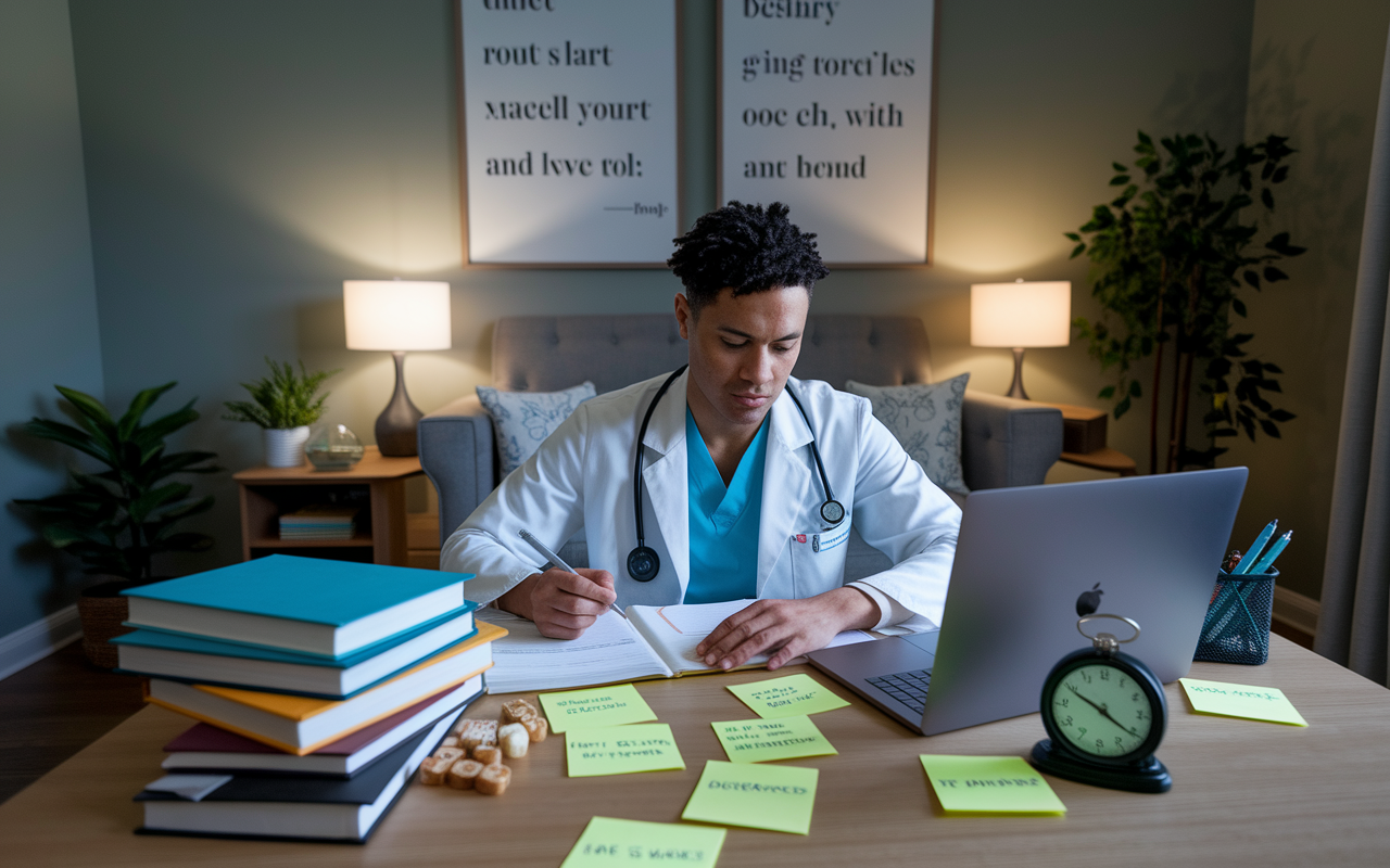 A focused medical resident at a study desk, surrounded by textbooks and notes, is intensely working on a laptop with a timer set beside them. The room is well-lit, showcasing motivational quotes on the wall, and a peaceful ambiance. Post-it notes with reminders are highlighted on the desk, and snacks are within reach, emphasizing a disciplined and organized study environment. The scene is filled with determination and concentration.