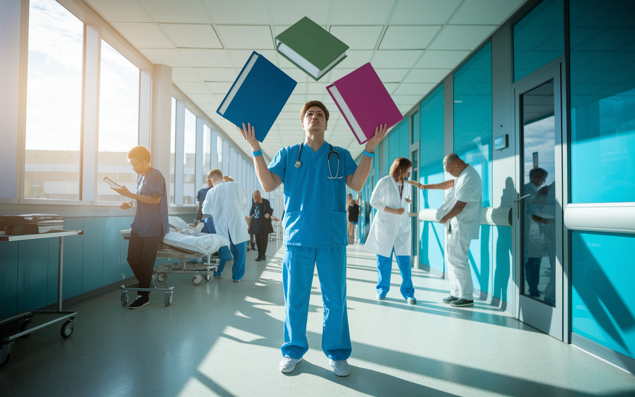 A medical resident standing in a hospital corridor, juggling three large books symbolizing clinical duties, educational responsibilities, and administrative tasks. The atmosphere is busy and dynamic. Natural light streams through the windows, casting shadows on the floor, while in the background, healthcare professionals interact with patients. The resident displays determination and focus despite the chaos around.