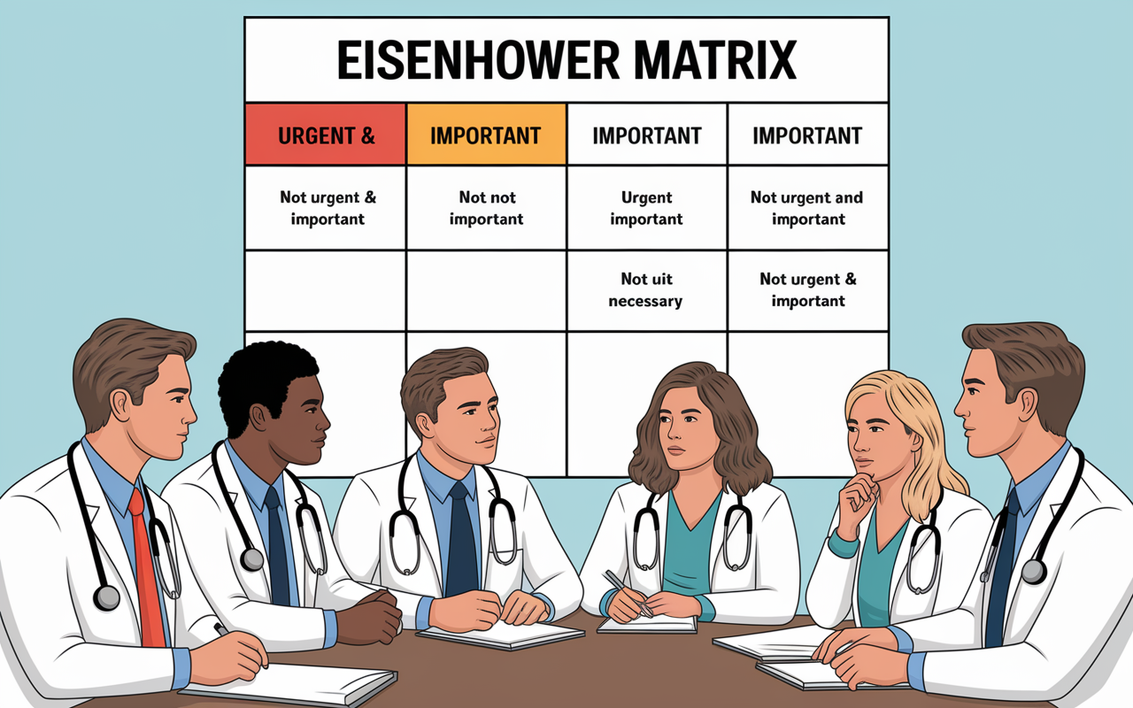 An illustrated Eisenhower Matrix on a whiteboard, with labeled sections for Urgent & Important, Not Urgent but Important, Urgent but Not Important, and Not Urgent and Not Important. The scene involves a group of medical residents engaged in discussion, using the matrix to plan their day in a well-lit study room, with thoughtful expressions on their faces.