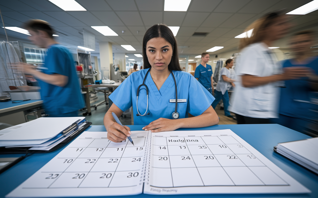 A busy hospital room where a medical resident is seen sitting at a desk with a large calendar and daily planner, strategically allocating time blocks for various tasks. The atmosphere is focused and lively, with medical equipment and busy staff in the background. The resident has a determined expression, highlighting the importance of planning amidst the chaos.