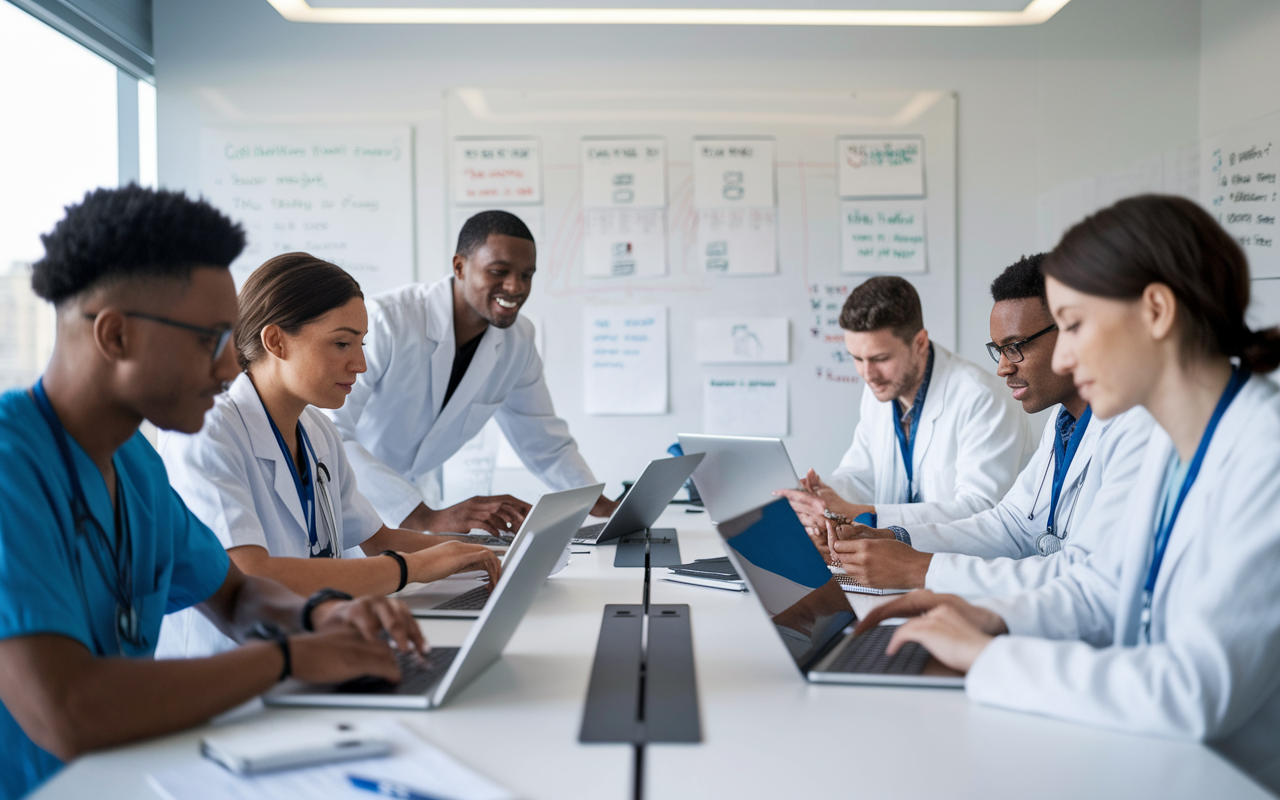 A group of residents collaboratively using tablets and laptops in a modern conference room, engaging with task management apps and shared calendars. The ambiance is bright and professional, with a whiteboard filled with notes and strategies in the background. Each resident appears focused and motivated, emphasizing the collaborative nature of modern residency training.