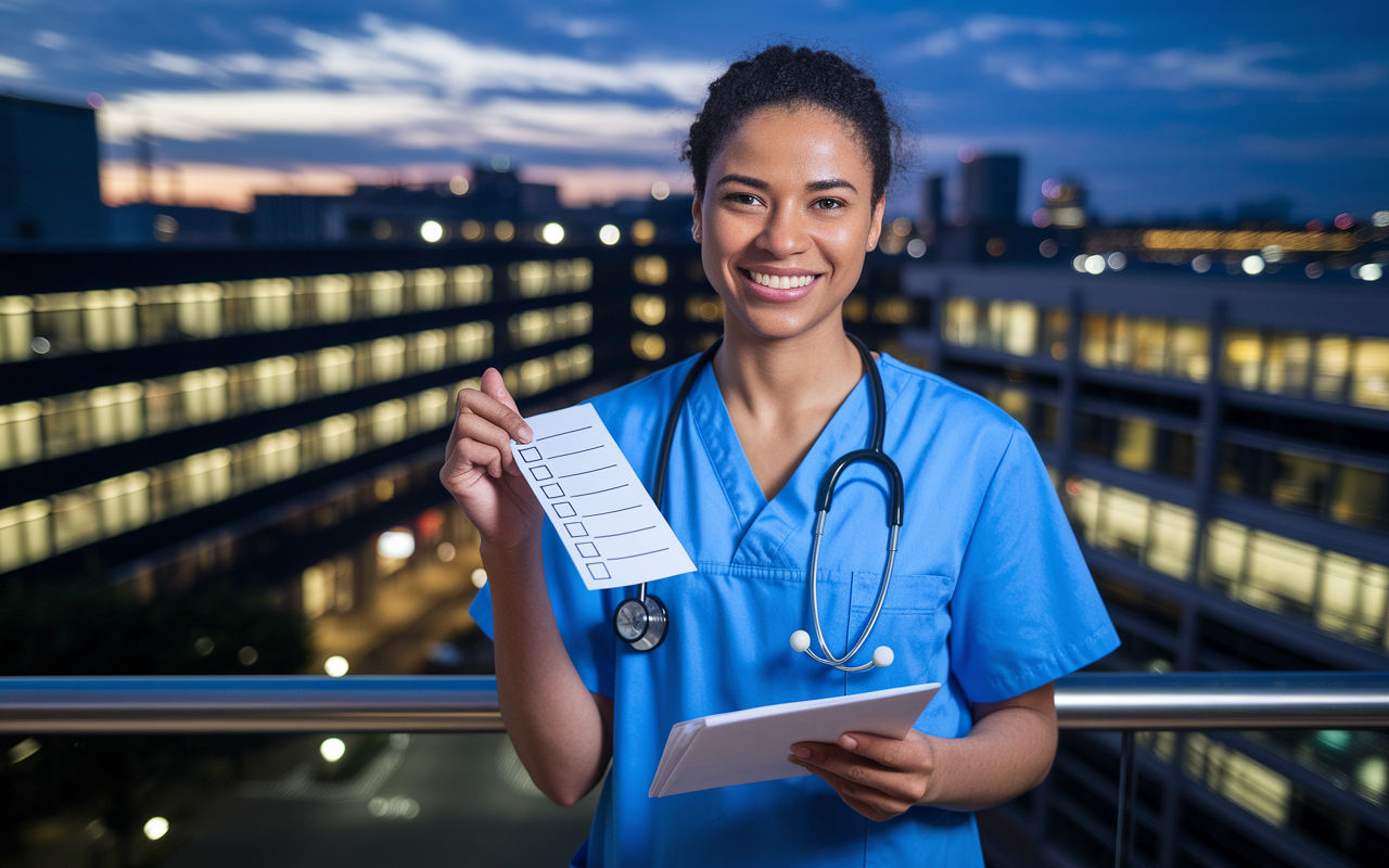 A confident medical resident at the end of a busy day in a hospital, smiling while checking off items on a completed to-do list. The background shows a bustling hospital at dusk, with warm lights illuminating the scene. The resident's body language conveys a sense of accomplishment and readiness for future challenges, symbolizing the successful balance of work and self-care in residency.