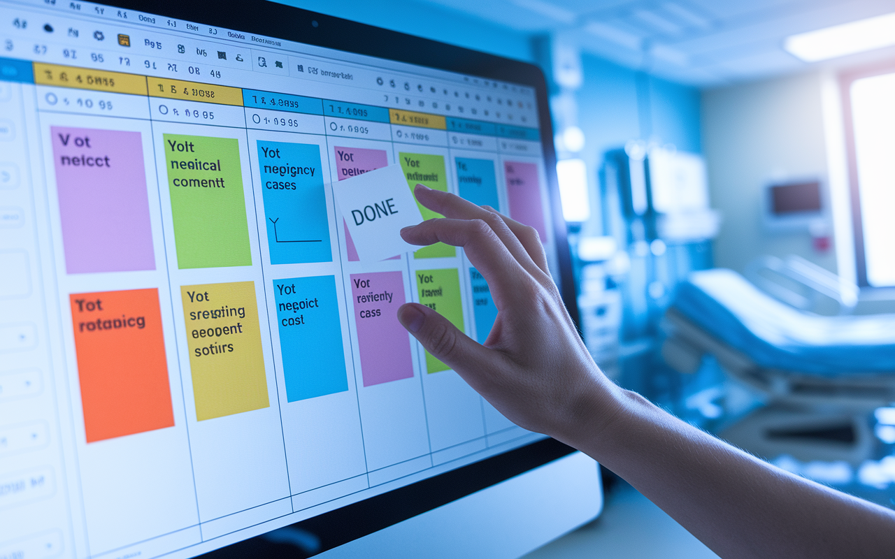 A close-up view of a computer screen showing an active Trello board with colorful cards for various medical cases and to-do items. A hand is reaching towards a ‘Done’ card, symbolizing productivity. In the blurred background, a hospital room with charts and medical equipment adds depth. The lighting is bright and clinical, conveying a sense of urgency and efficiency in a medical setting.