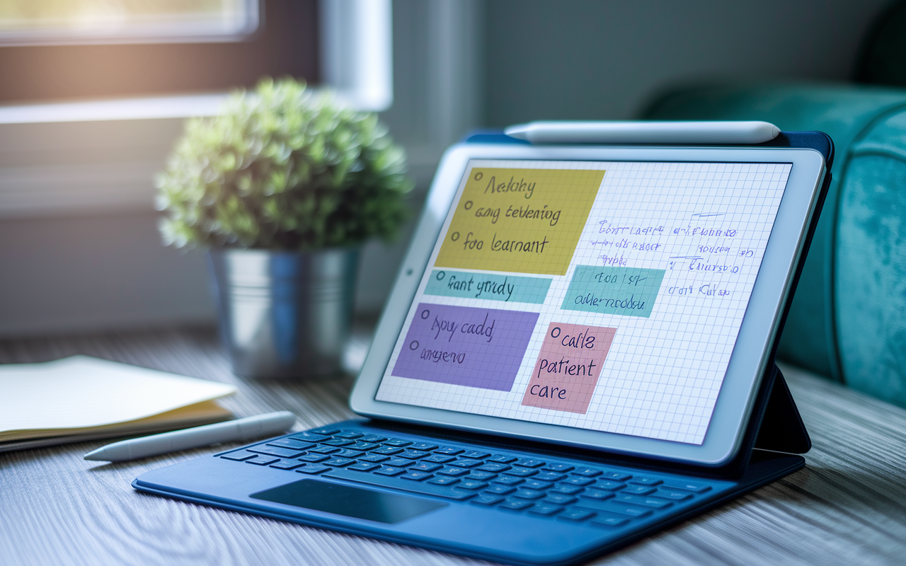 A beautifully organized digital note-taking interface on a tablet showcasing well-structured notes, diagrams, and color-coded tags relevant to patient care. The setting is a cozy study corner with a plant and soft lighting, creating an inviting atmosphere for learning. Hints of medical imagery in the background connect the scene to the medical profession.