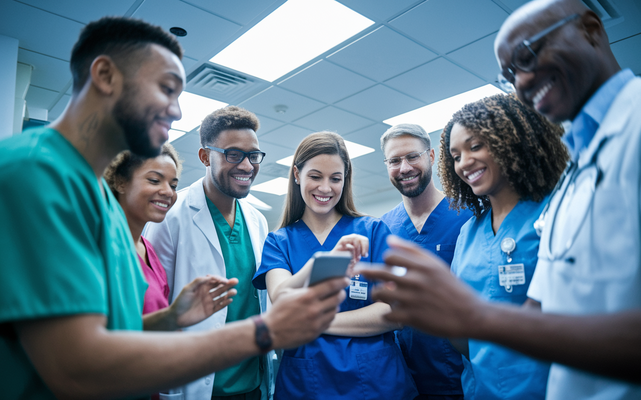 A bustling hospital break room scene featuring a group of diverse medical professionals huddled around a smartphone showcasing a Slack conversation, with expressions of engagement and teamwork. Bright artificial lighting casts a lively atmosphere, emphasizing the importance of collaboration in high-pressure environments.