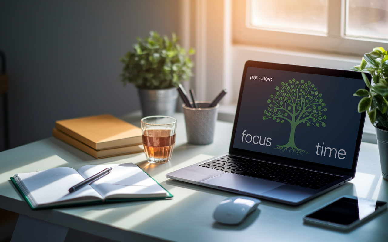 A serene study space featuring a sleek laptop displaying a Pomodoro timer and a growing tree animation representing focus time. The desk is adorned with study materials, a cup of herbal tea, and a calming plant beside it, bathed in warm, soft light that fosters concentration and relaxation.