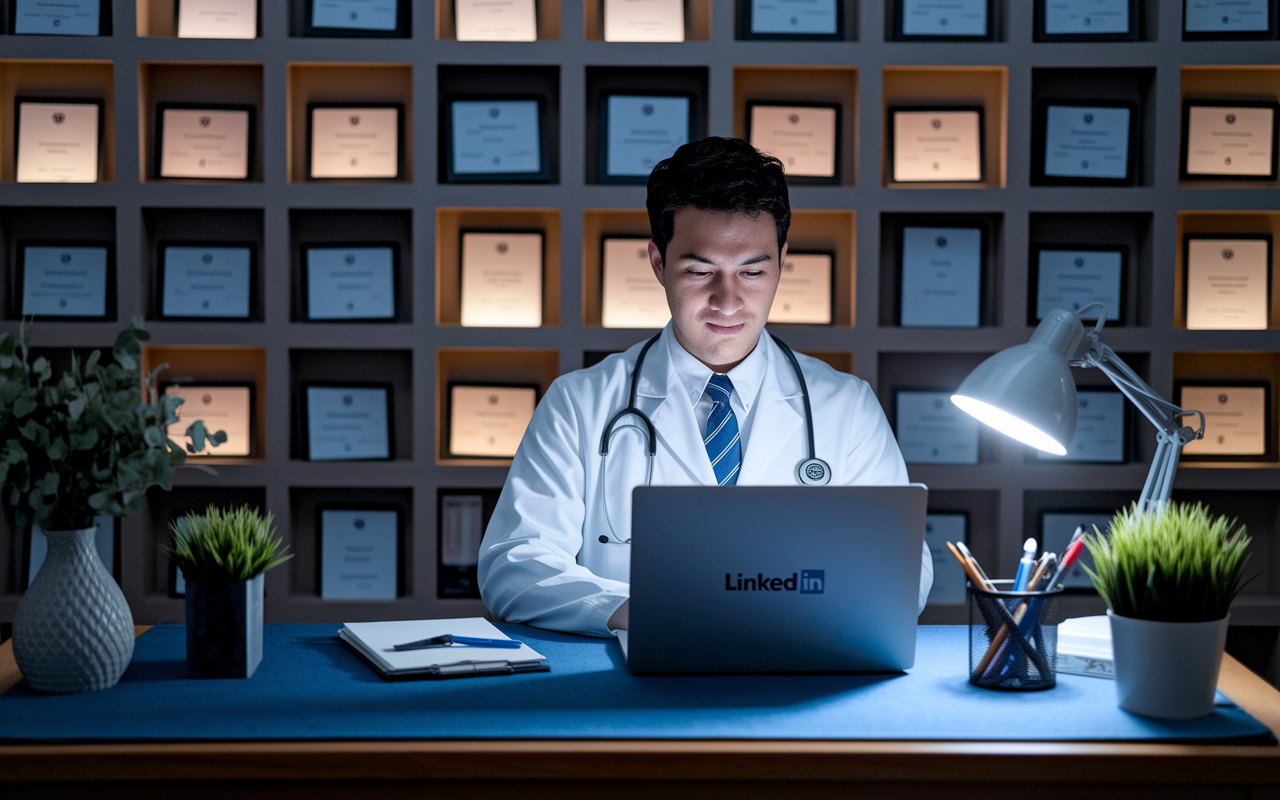 A medical resident engaged in networking on LinkedIn at a well-decorated desk, with a laptop open to their professional profile. The backdrop features a bulletin board filled with medical achievements and certificates, illuminated by soft evening light, symbolizing ambition and connection in their medical career journey.