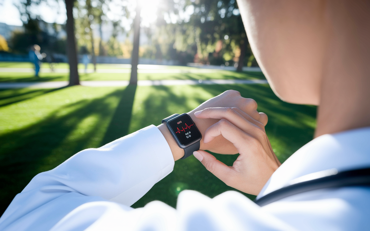 A close-up of a medical resident wearing a smartwatch, glancing at their heart rate and activity stats while taking a break outside the hospital. The setting features a sunny park in the background, symbolizing balance and the importance of health in a demanding residency schedule.